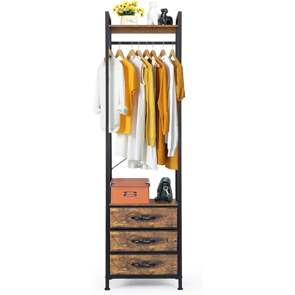 

Garment Rack with Drawers, Heavy Duty Clothes Stand Dresser, Wood Top, Metal Frame Fabric Drawers, Wardrobe Closet Clothes Rack