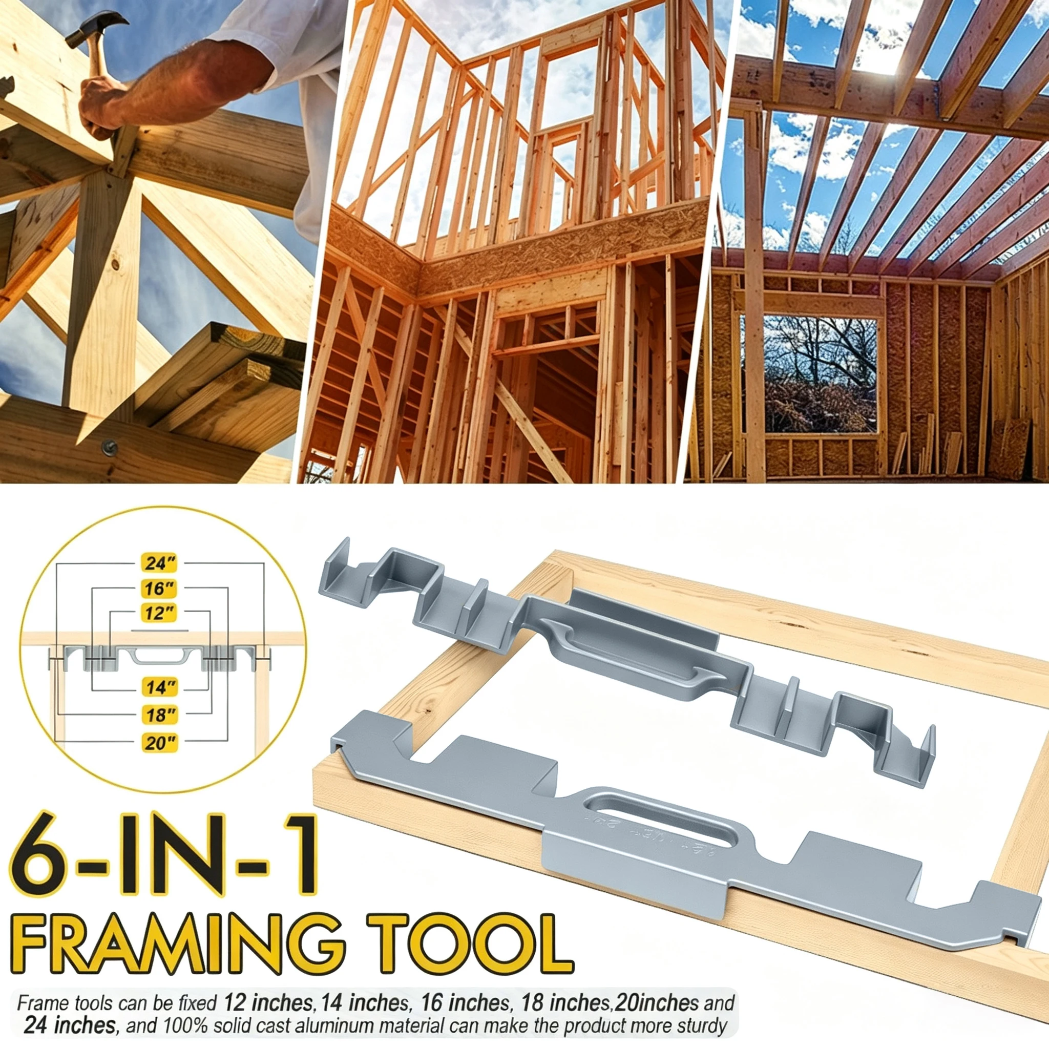 6-in-1 Stud Framing Tool 12-24 Inch Solid Cast Aluminum Precision Framing Layout Jig for Woodworking Wall Construction