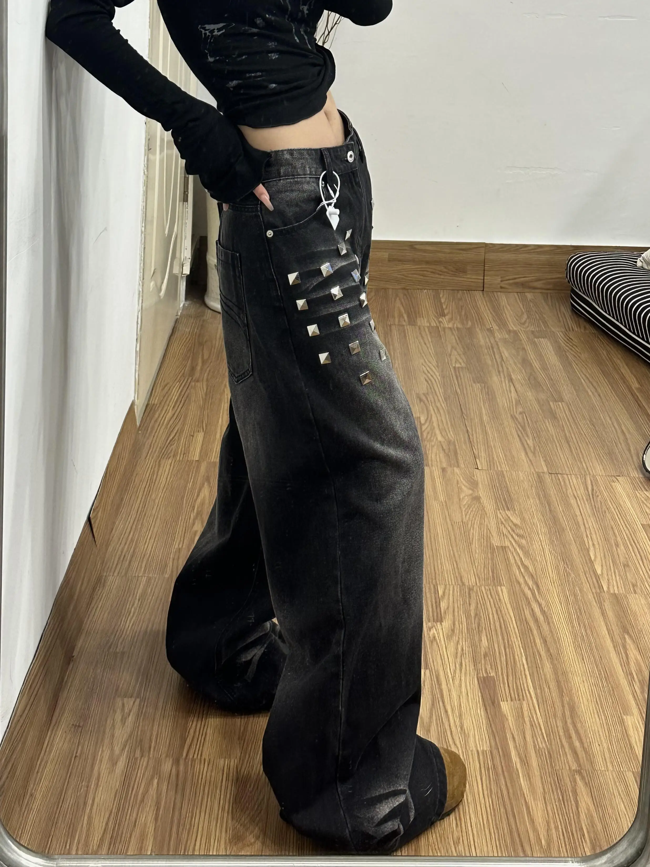 

Retro American Style Distressed Denim Jeans Women's Loose Wide Leg Floor-Length Pants High Waist Zipper Casual Wear