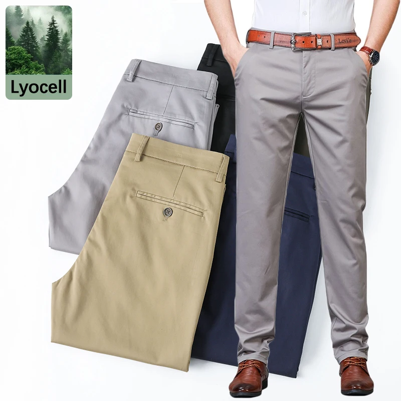 

Spring New Men's Business Casual Pants Soft Comfort Lyocell Elastic Ice Silk Solid Color Classic Fitted Straight Trousers