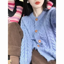 Vintage Solid Color Knitting Cardigan Women Autumn Winter Simplicity Loose O-neck Sweater Coat All-match Long Sleeve Knitwear