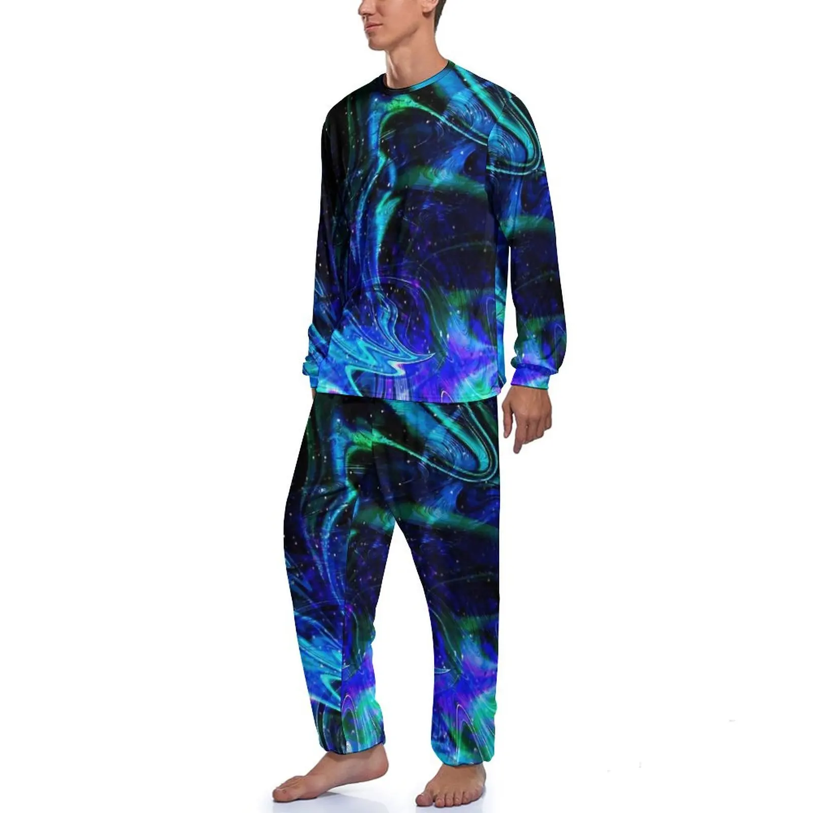 Contrast Color Pajamas Autumn Swirls Print Sleep Nightwear Mens 2 Piece Design Long Sleeve Soft Pajama Sets