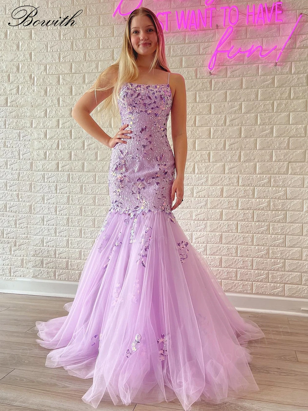 

Bowith Shiny Prom Dresses Applique Evening Dresses for Gala Party Lace Up Back Party Dresses Mermaid Formal Occasion Gown