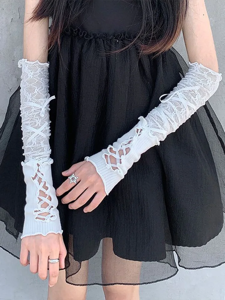 Рукава на бретелях JK Девушка с открытыми пальцами Перчатки в стиле Харадзюку Нишевый комплект с рукавами Y2k Сексуальный кружевной ажурный и стильный чехол на рукав