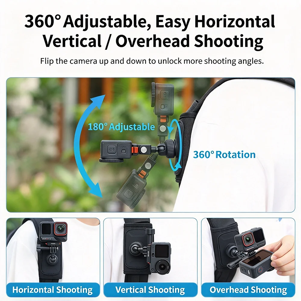 VRIG AC-73 Backpack Shoulder Mount Strap Holder Camera Bracket for GoPro DJI Action Insta360 Camera First Person Vlog Shooting