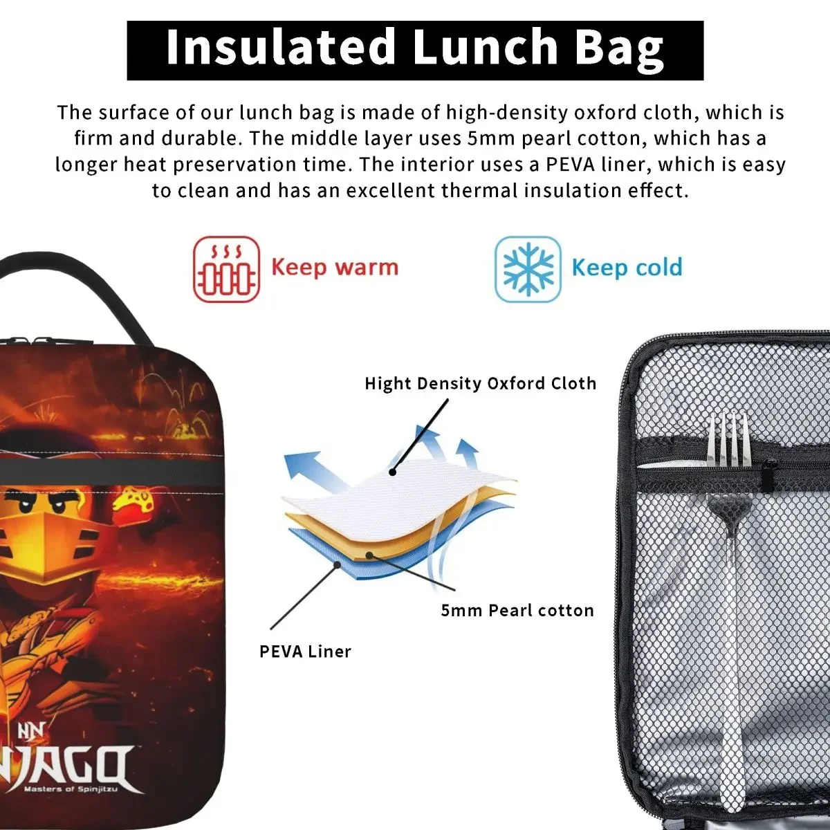 Ninja Warrior Ninjagos Insulated Lunch Bags Large Meal Container Cooler Bag Tote Lunch Box Work Outdoor Men Women