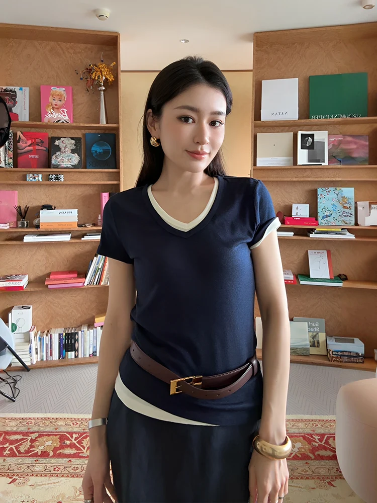 

Le Samedi Silk Wool Short Sleeve T-Shirt Women's Spring Summer Multi-Neck Type Workwear Vest Daily Loose Fit Color