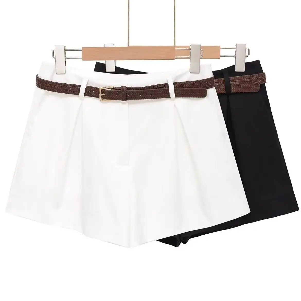 

2026 Summer Women’s Elegant High Waist Pleated Shorts Pants with Belt Lady Vintage Chic Loose Tailored White Black Mini Trousers