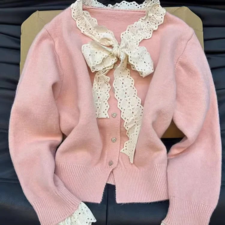 Frauen Stricken Jumper Feste Beiläufige O Neck Bogen Spitze Strickjacke Pullover Einreiher Dicken Pullover Dame Süße Herbst Winter