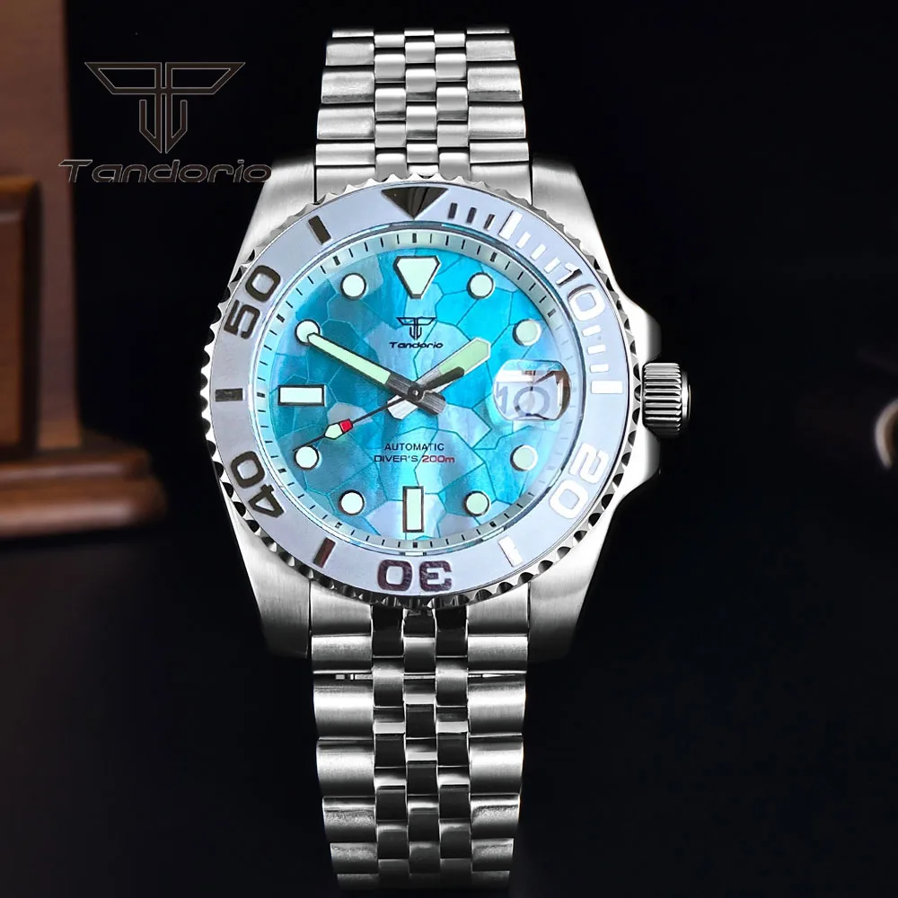 Tandorio Nh35a 40Mm Mode 20bar Heren Duik Automatisch Polshorloge Groenachtig Blauw Mop Wijzerplaat Roterende Bezel Saffier Lichtgevende Datum
