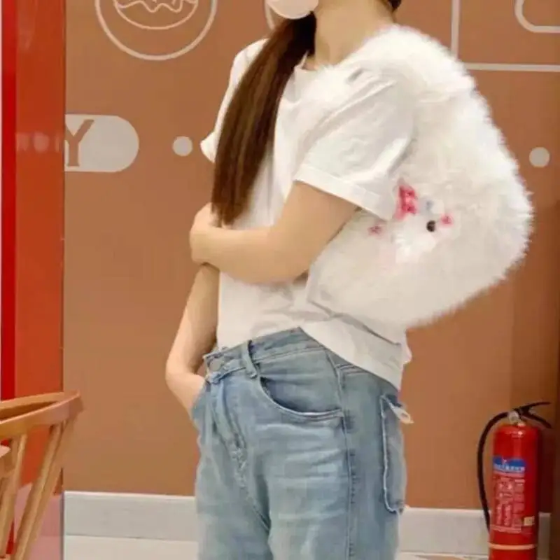 Bloom Haruku Aesthetic White Hand Bag Wallet Women Plush Chic Handle Casual Crossbody Bags Female Sweet Cute Y2k Handbag New