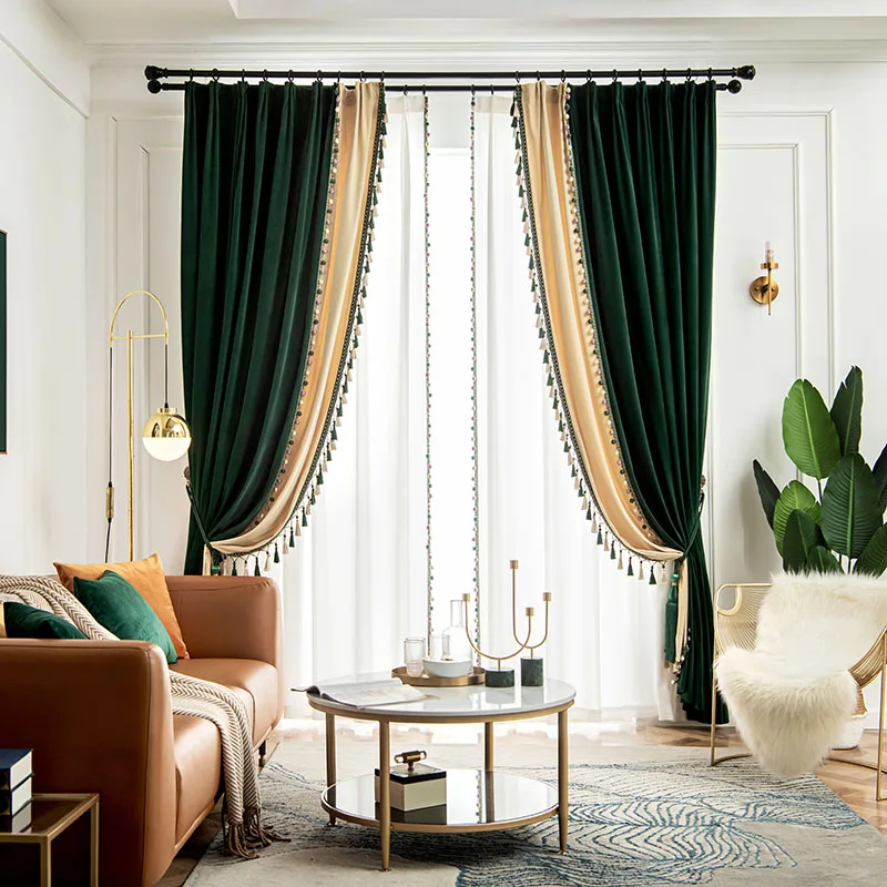 Custom Upscale luxury dark green milk tea color retro American velvet living room  cloth blackout curtain tulle drape C1870