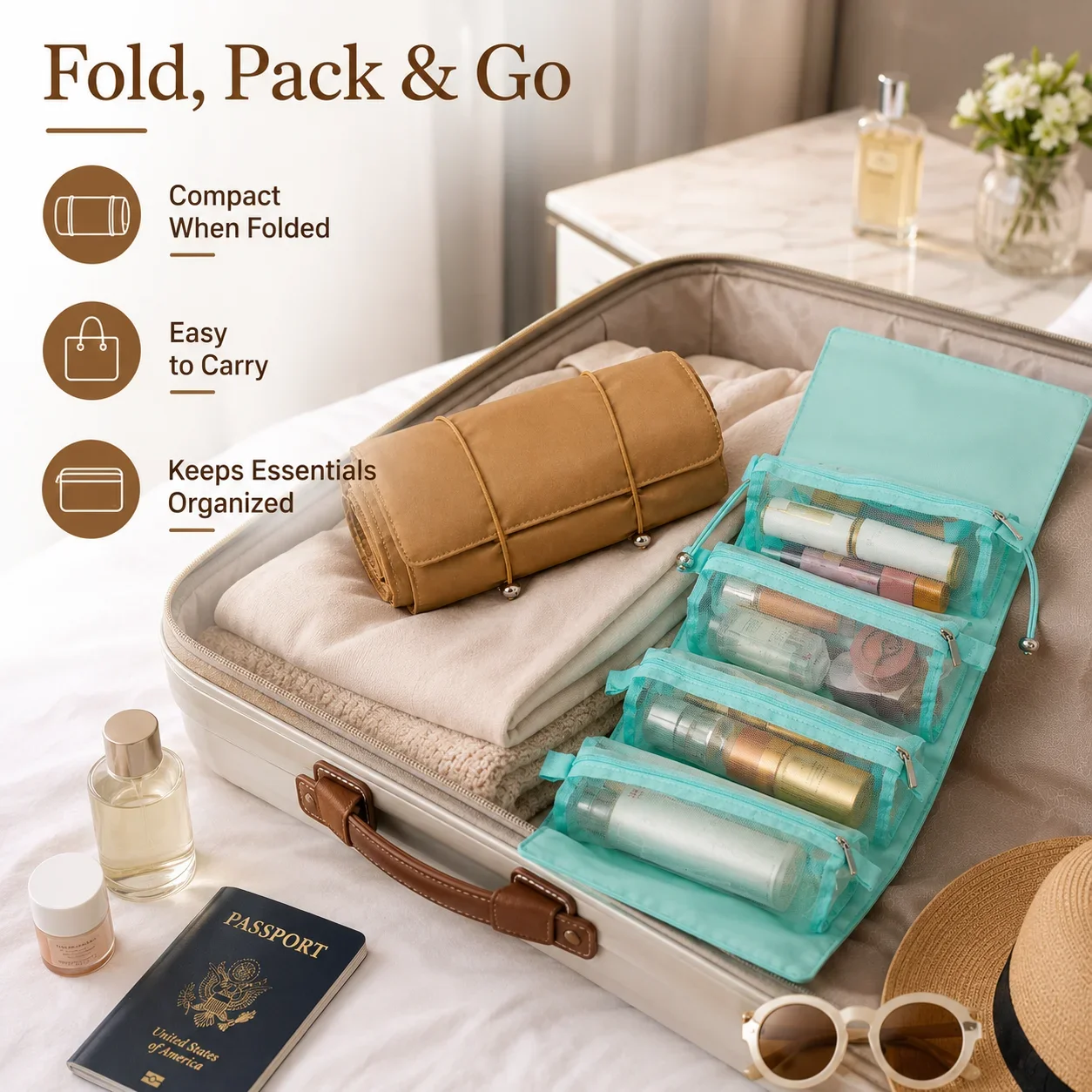 Multi-Function Detachable 4 In 1 Makeup Bag, Foldable Travel Cosmetic Organizer, Simple Ladies Toiletry Bag