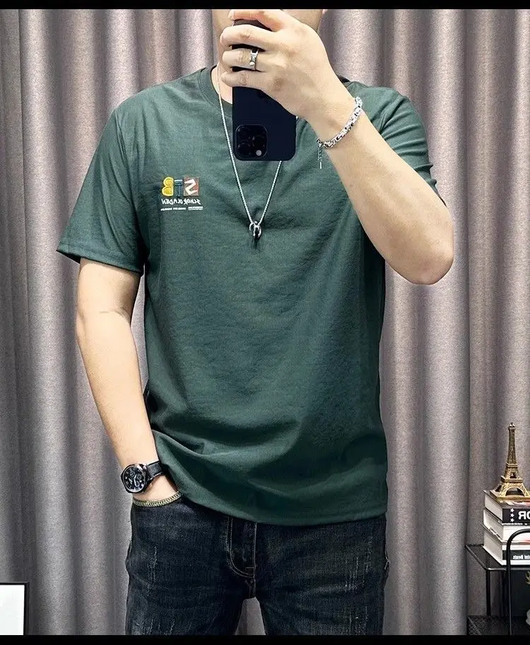 Simple Round Neck Short Sleeve T-Shirt With Front Print For Men Casual Daily Wear Breathable Design Comfortable Fit