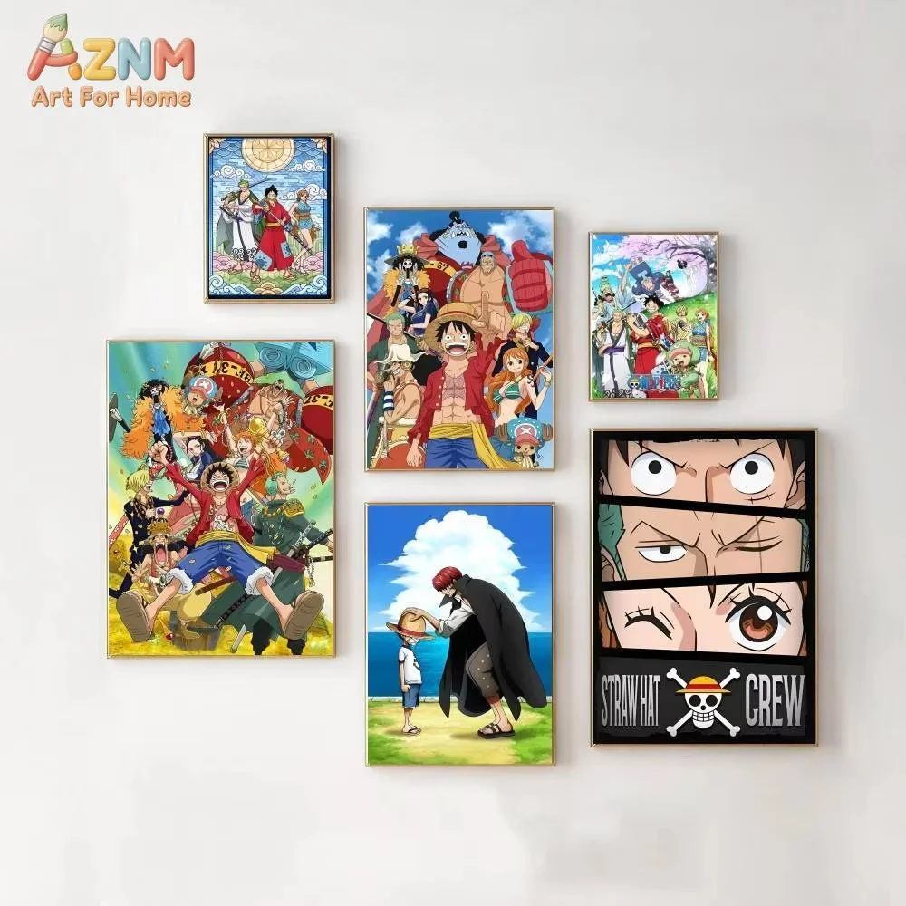 AZNM Unframed Canvas Print One Piece Straw Hat Crew Luffy Shanks Anime Wall Art Poster Home Decor