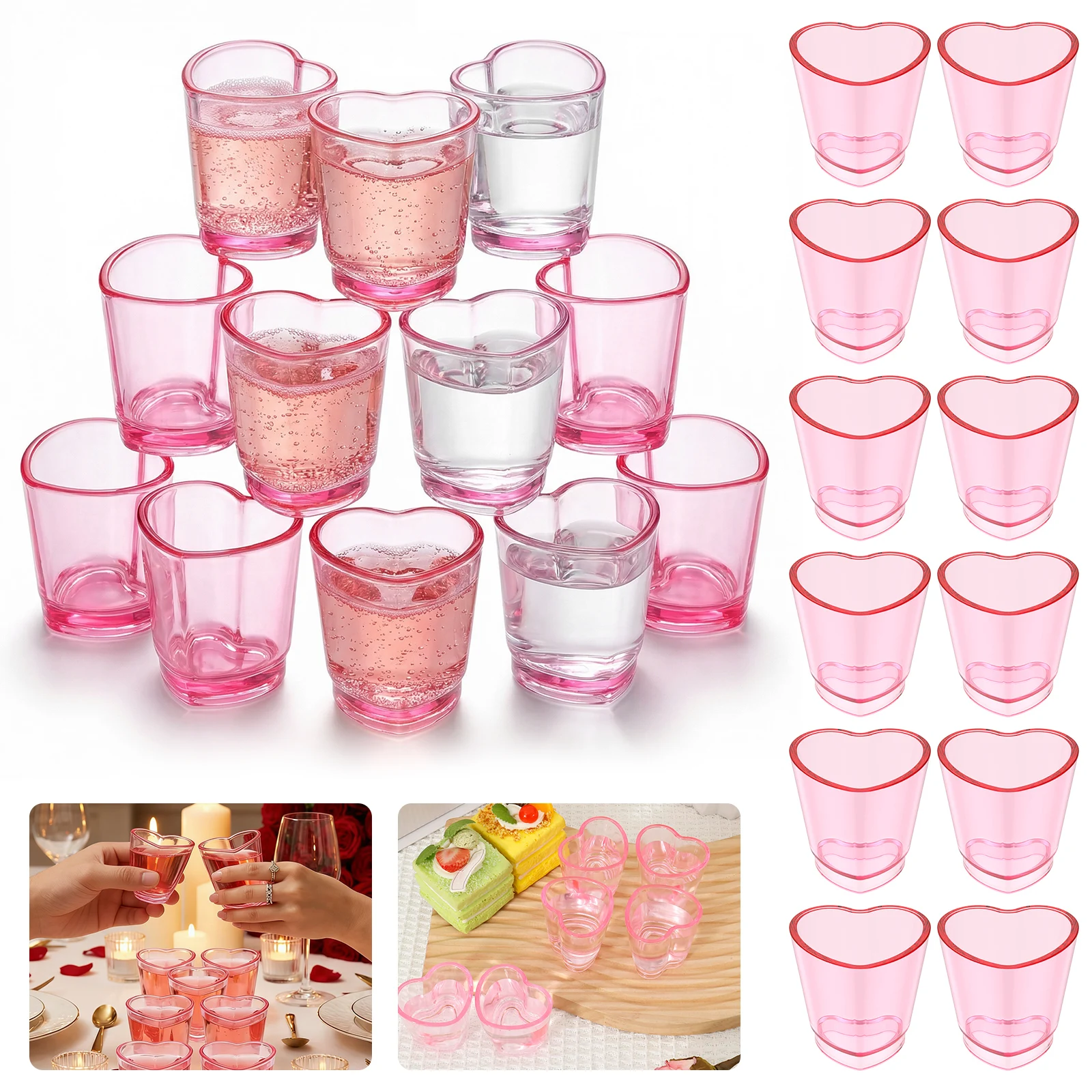 24/12 Vasos de Vino Mini de 1.5oz en Forma de Corazón, Vasos de Plástico para Tequila, Whisky, Postres, Decoración para Fiestas y Festivales