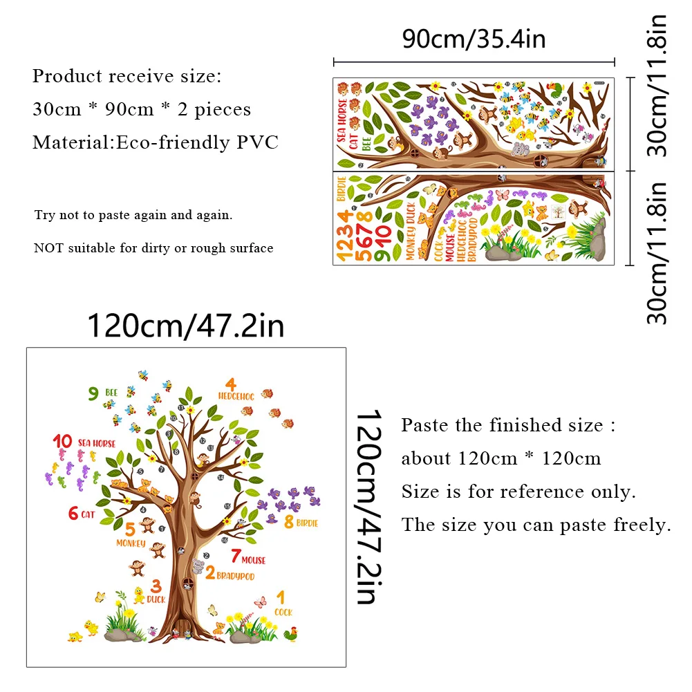 Cartoon Animals Digital Tree Wall Stickers Kids Room Home Decoration Mural Kindergarten Decor Beautify Self-adhesive Wallpaper