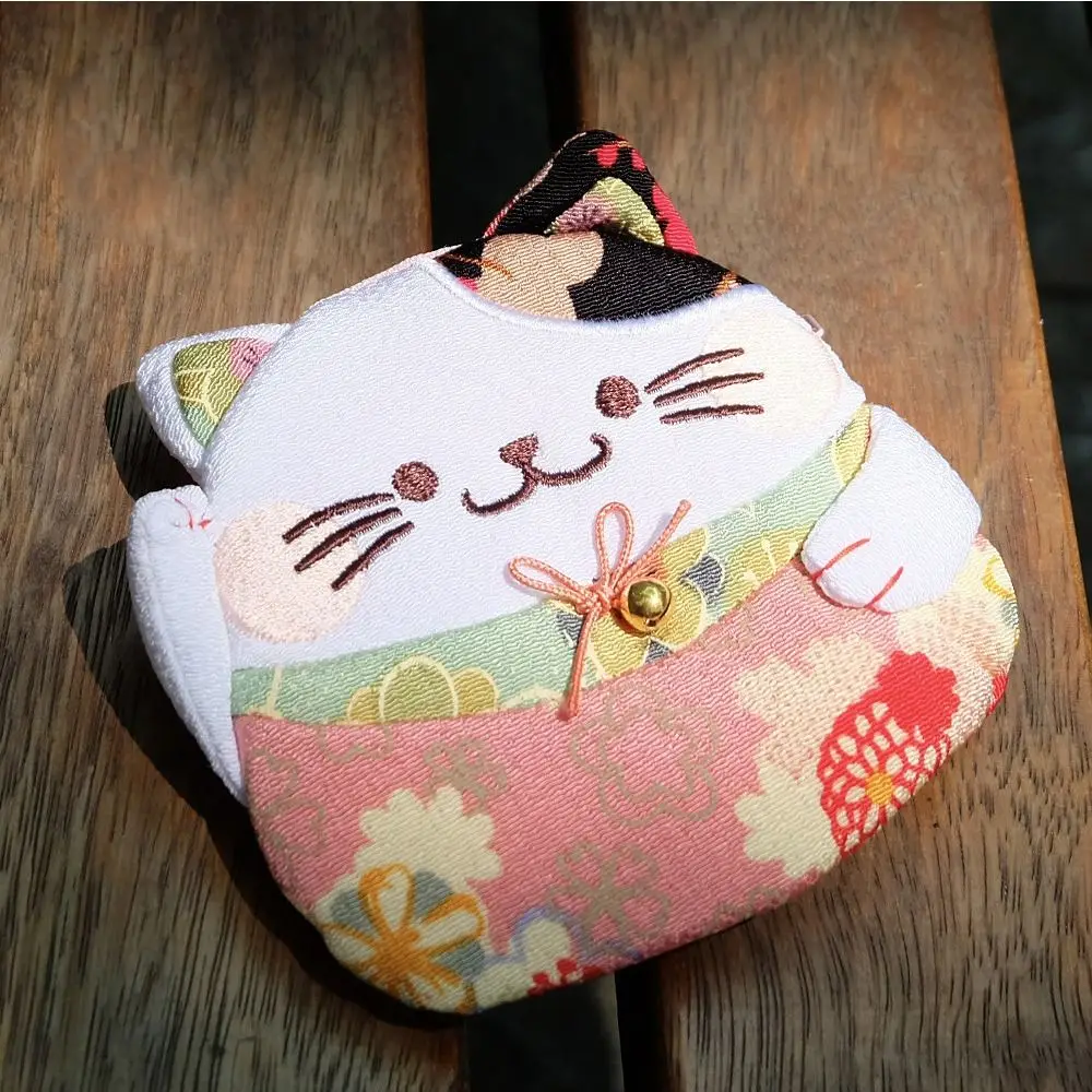 Simple Japanese Style Maneki Neko Coin Purse Zipper Wallets Lucky Cat Clutch Bag PU Flower Printing Card Holder Men