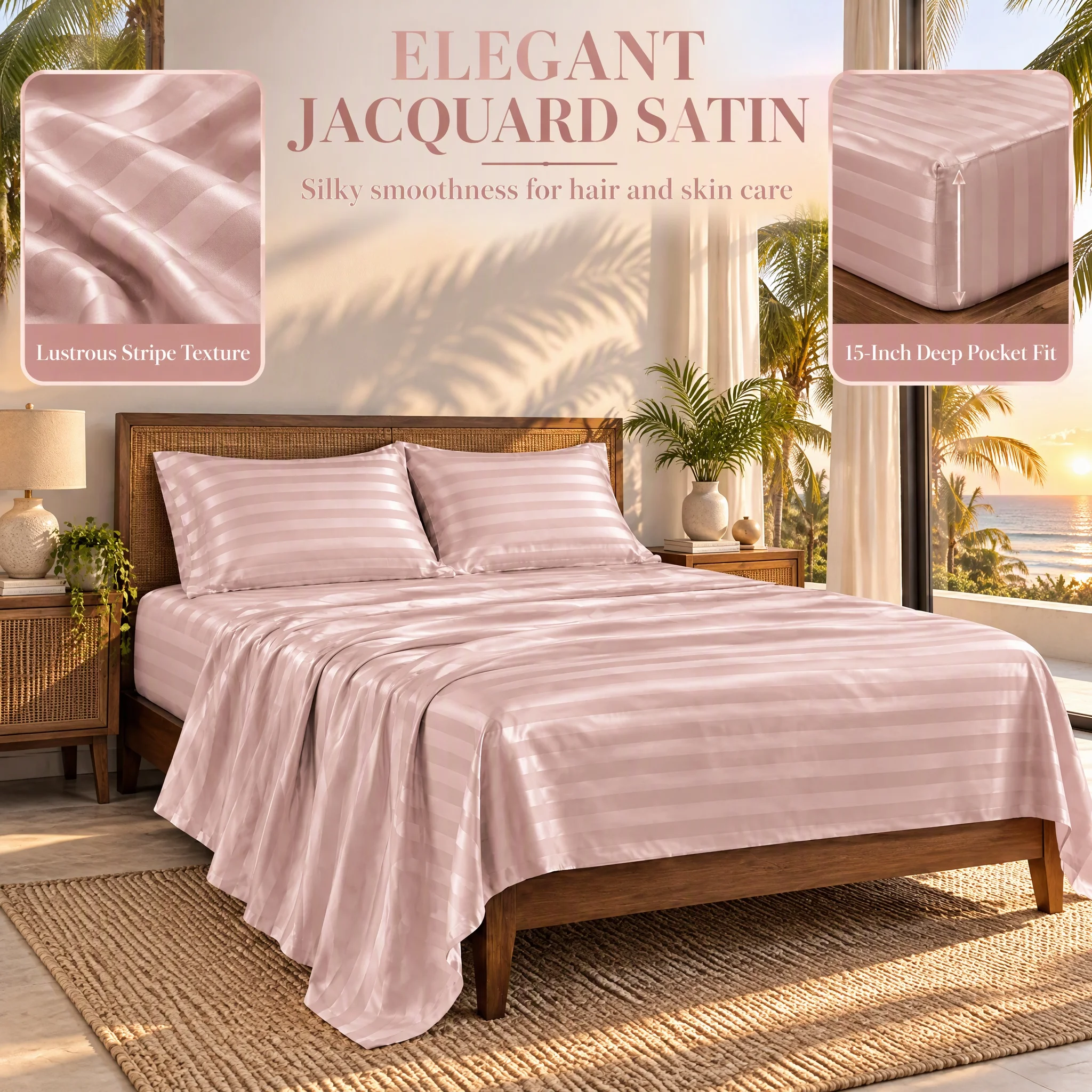 Jacquard Striped 4-Piece Textile Kit, Fine Woven Lustrous Surface, Upscale Rest Space Decor, Timeless Linear Pattern, Twin Full Queen King Sizes