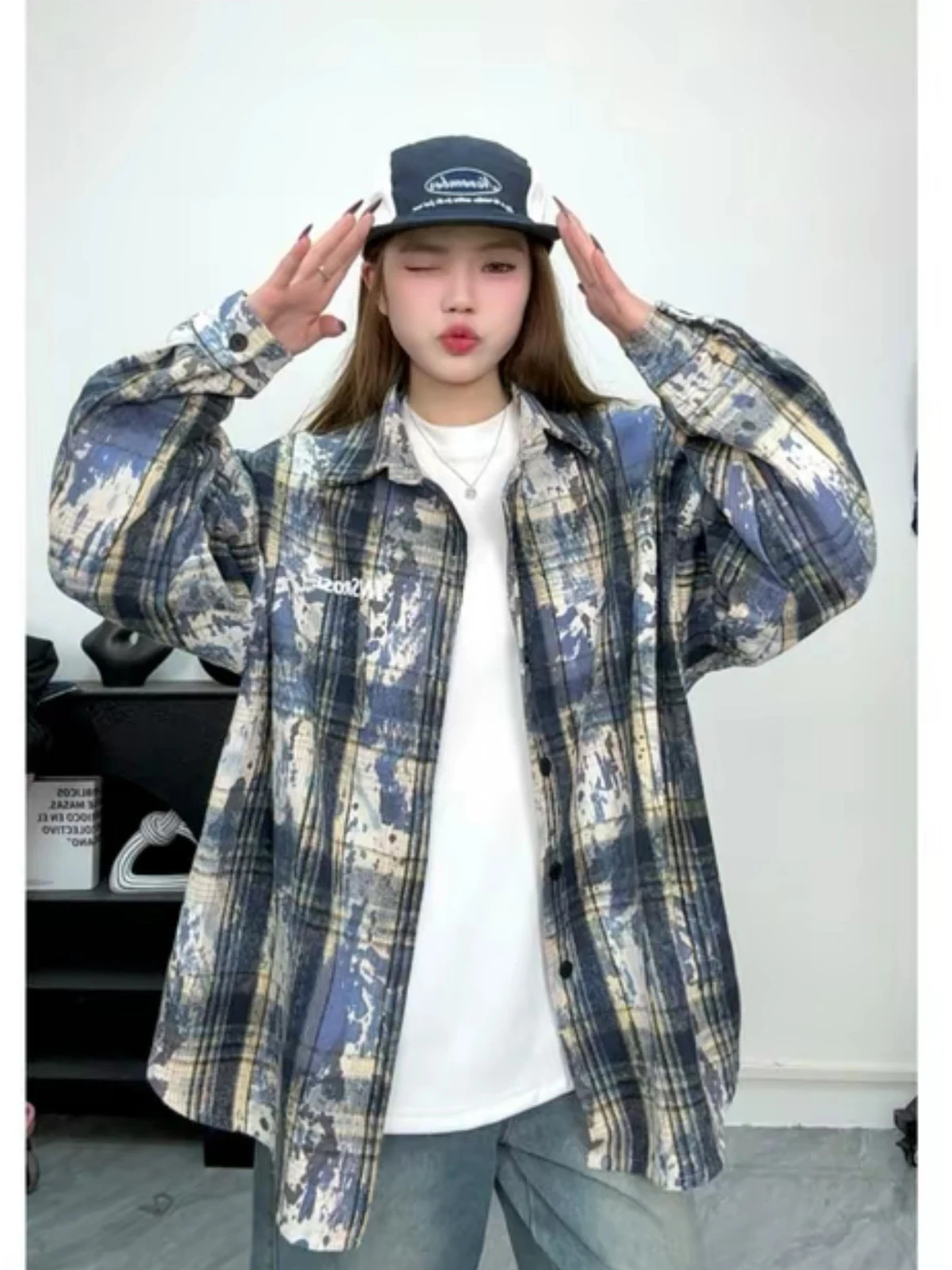

American High Street Tie Dye Plaid Shirt Jacket Men Spring Design Sensation Trendy Street Retro Casual Long Sleeve Shirt
