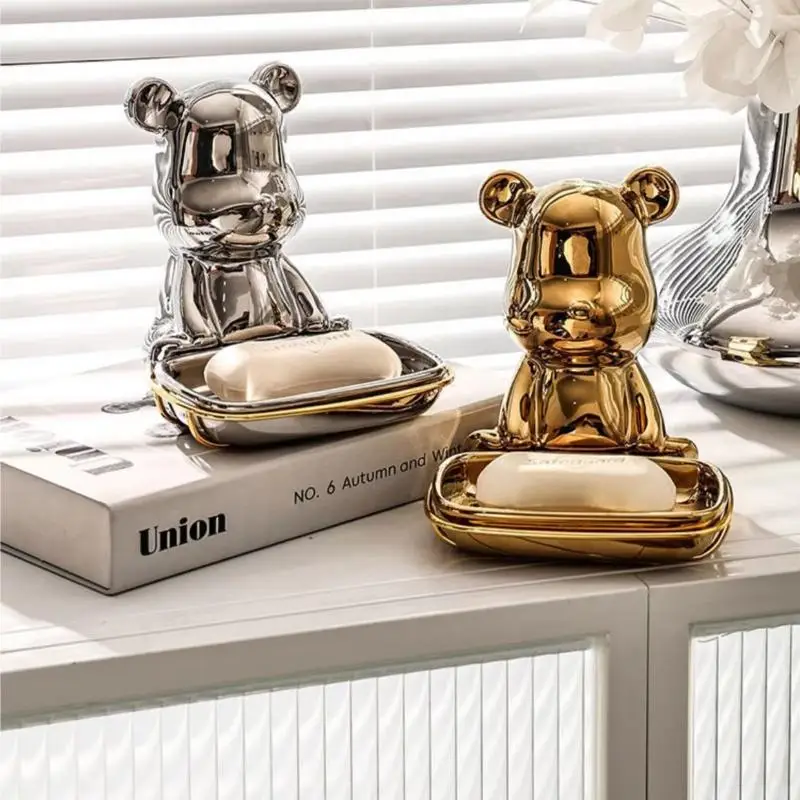 Ceramics Bear Soap Dish Punch-Free Wall Hanging Soap Holder Luxury Bathroom Accessories Ins Soap Tray Bathroom Storage Rack