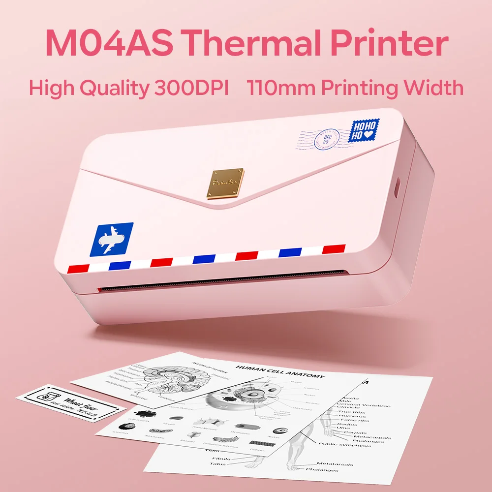 Phomemo M04AS Мини-фотопринтер Беспроводной Bluetooth Термальный принтер для изготовления этикеток 300 точек на дюйм HD-печать для бумаги 110 мм Портативный и компактный