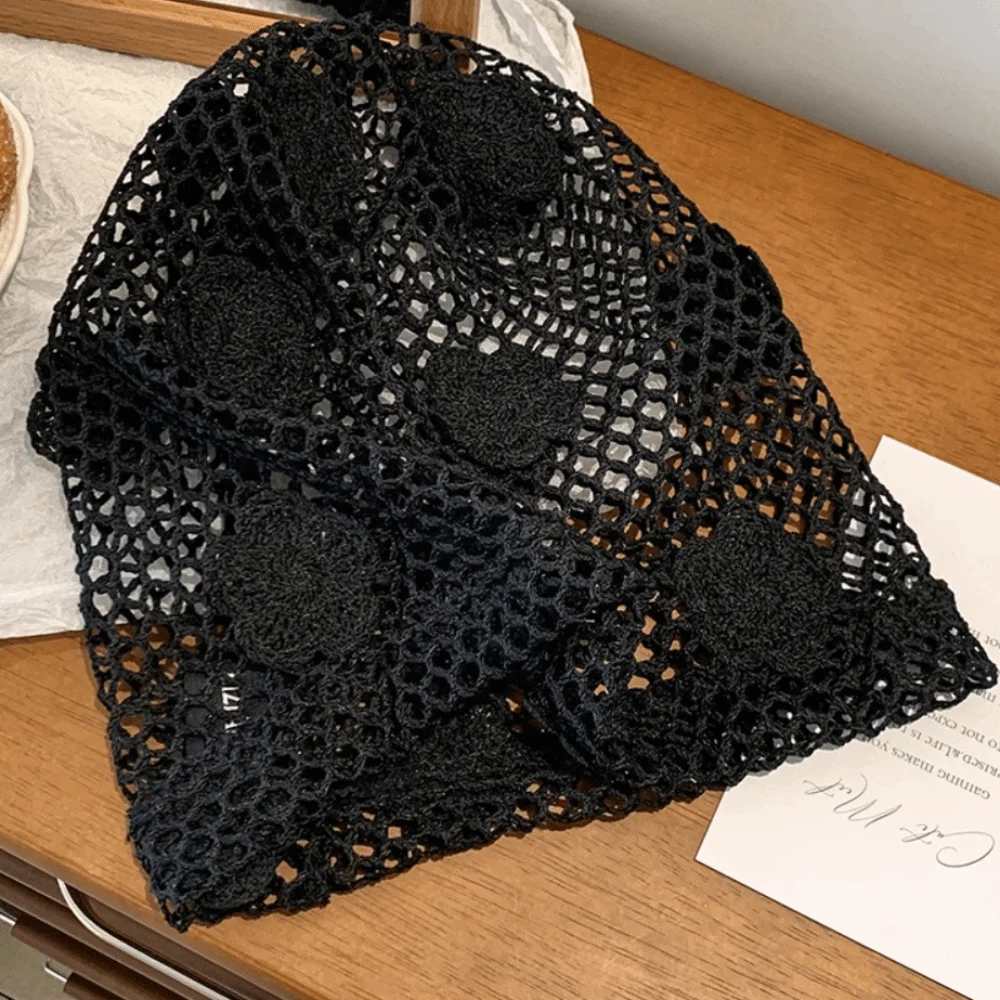 

Retro Handmade Crochet Flower Hat Hollow Out Thin Flower Knitted Hat Cute Korean Weave Cap Outdoor