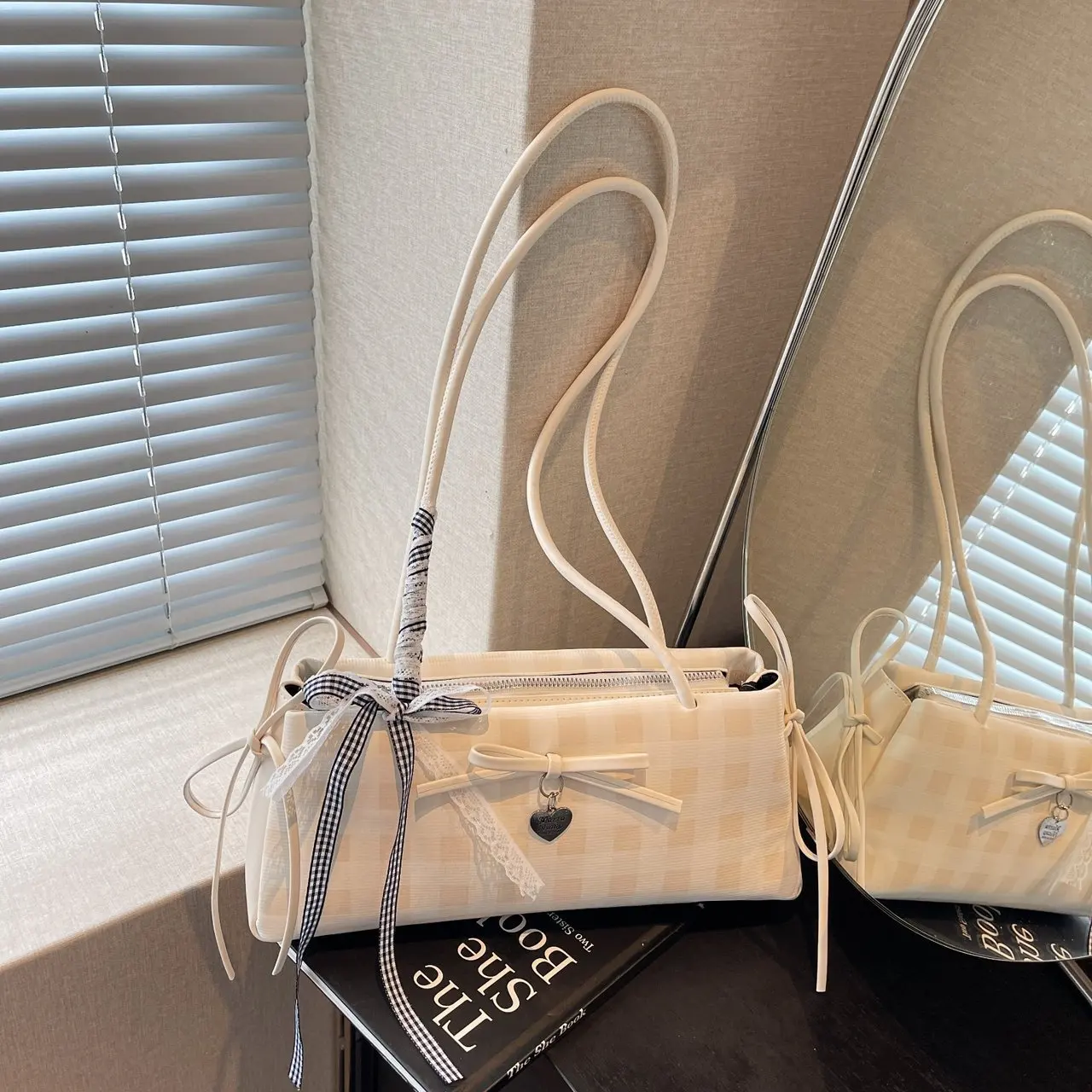 

Fashion Lace Bandage Single Shoulder Bags Female Commute Sweet Plaid Underarm Bag Korean PU Leather Versatile Phone Bags