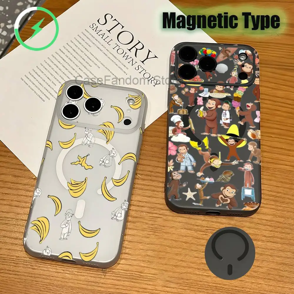 Mokey C-Curious G-Georges For iPhone 17,16,15,14,13,12,11,Pro,Max,Plus Transparent gray Phone Case Magnetic Wireless Charging