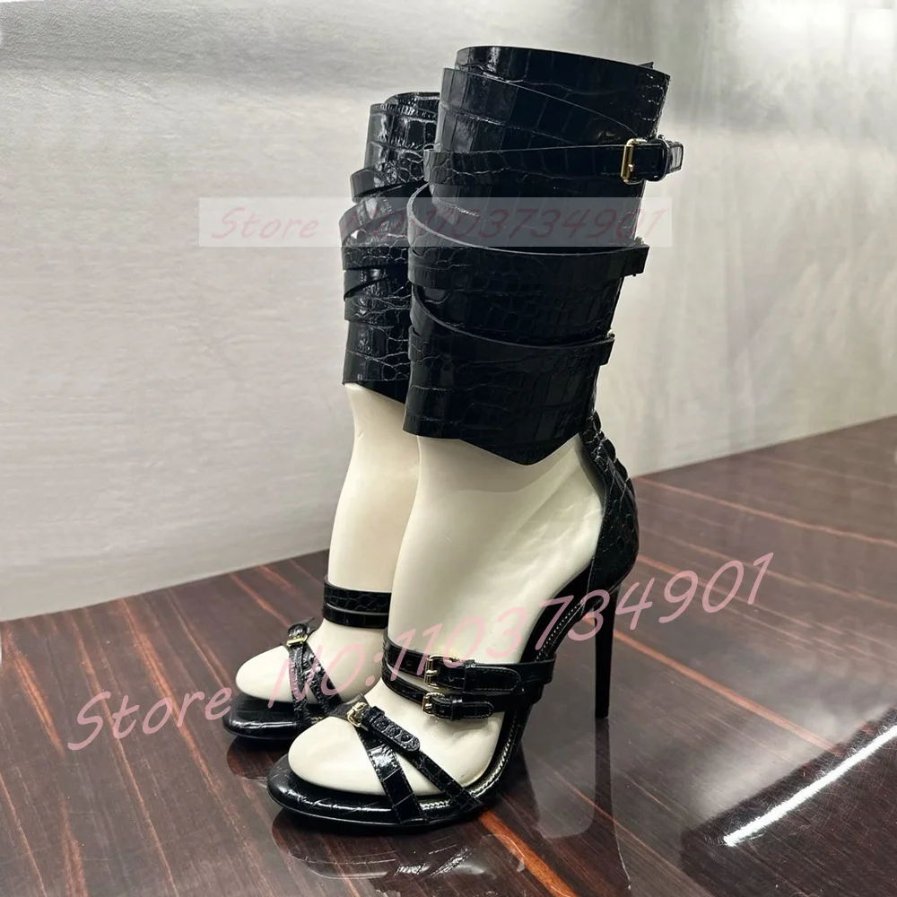 

Сандалии с волнистым ремешком, женские пикантные гладиаторы с каменным узором, пряжка ремня с открытым носком, туфли на высоком каблуке-шпильке, женские сандалии в уличном стиле