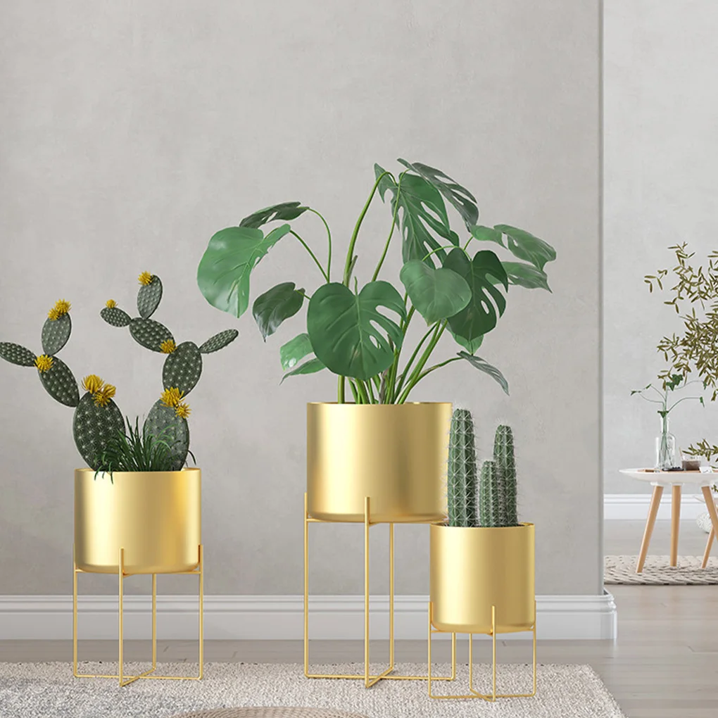 

Gold Plant Stand with Pot Fashion Floor Type Flowerpot Living Room Holder Large Metal Planter for Outdoor Indoor