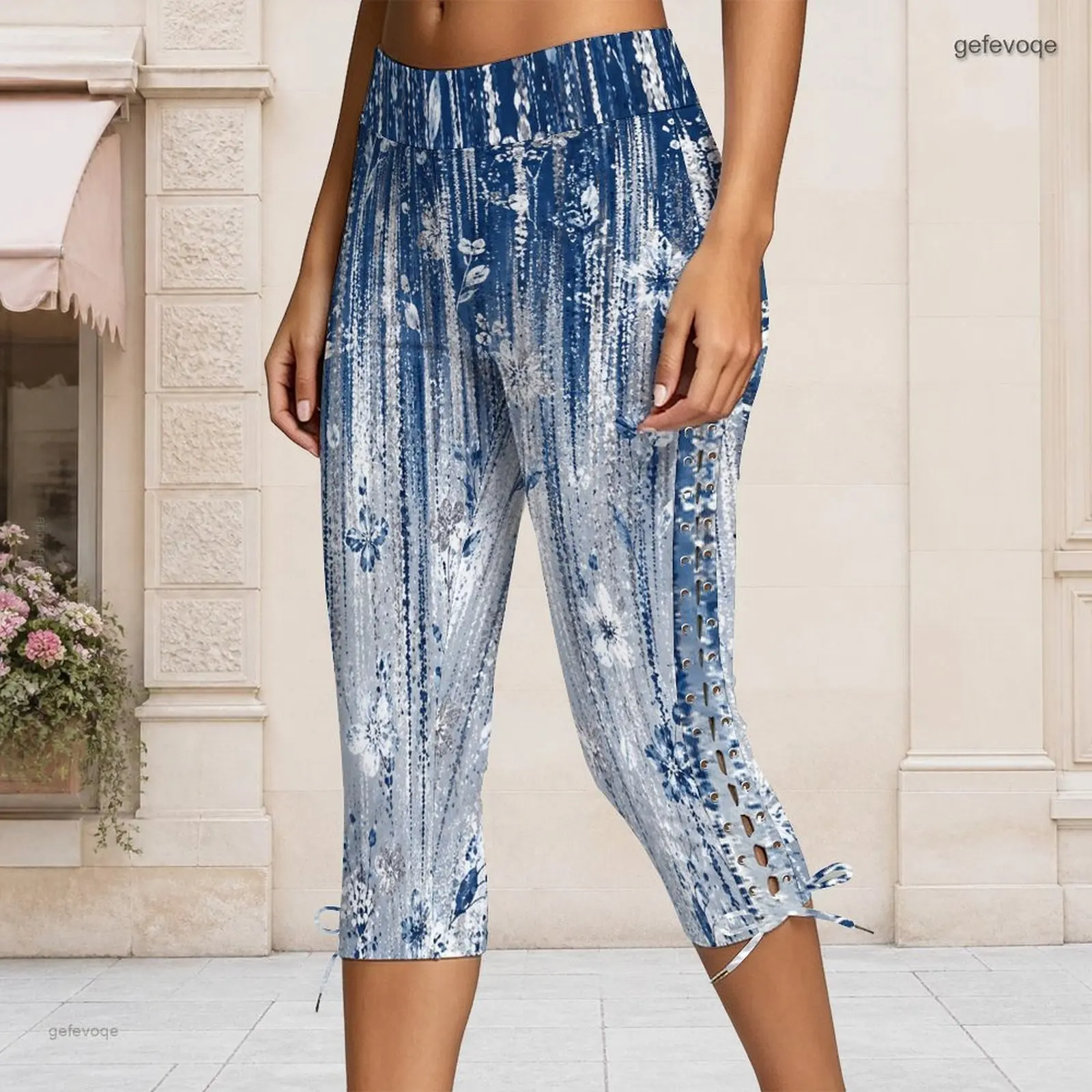 Women High Waist Fitted Rainbow Fluid Marbled Paint Printed Side Lace Up Capri Pants