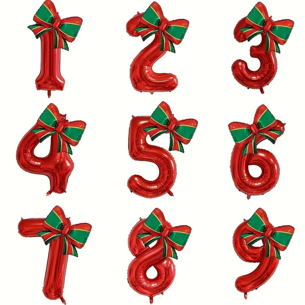 32 Inch Christmas Number Foil Balloons Red Digit Balloon With Xmas Bow for Birthday New Year Holiday Party Supplies