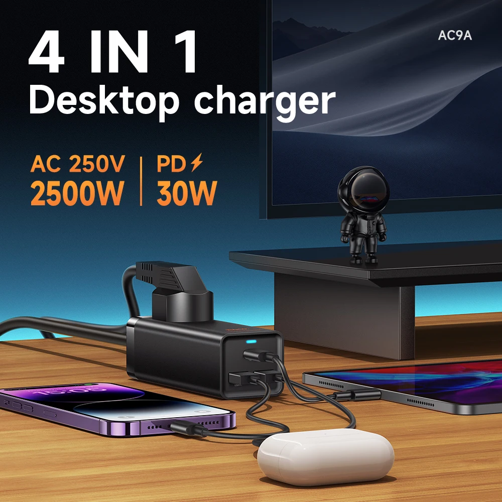 HOCO AC Extension Socket PD30W Outlets Power Strip Type C Port Dual USB A Desktop EU Plug 3A Charger For Home Office Power Strip