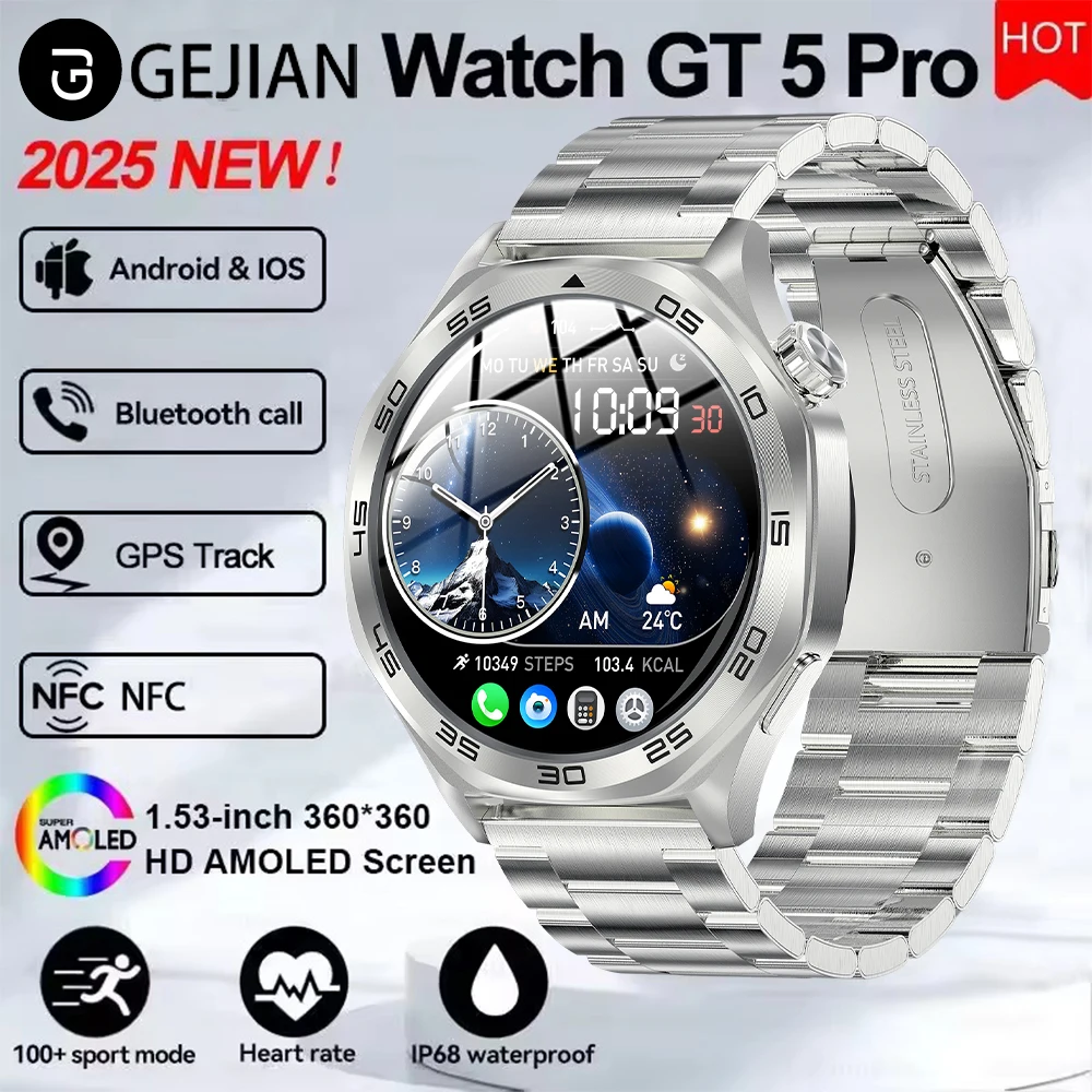 

Смарт-часы для HUAWEI GT5 Por, GPS AMOLED, IP68, водонепроницаемые, мониторинг сердечного ритма, кислорода в крови, Bluetooth-вызов, мужские умные часы 2025
