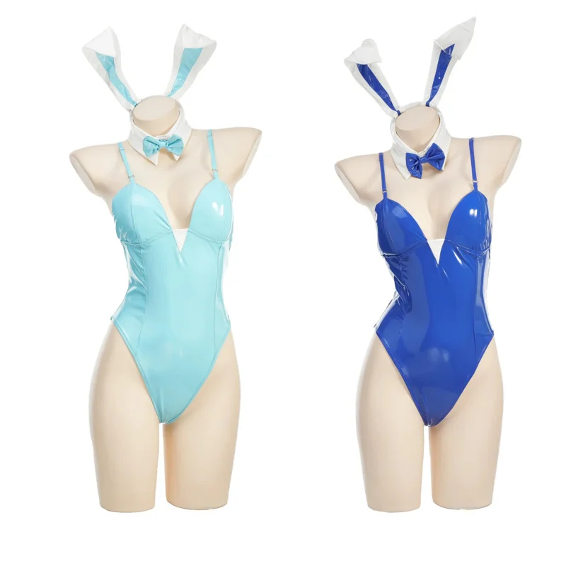 Disfraz de Cosplay de archivo azul de Anime para mujer, traje Sexy de cuero, mono bonito con tirantes para chica conejito, ropa con Orejas de conejo para Halloween
