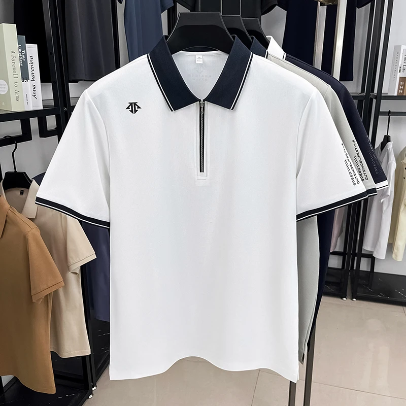 High-end Quality Brand Men's Polo Shirt Lapel Geometric Print Zipper Short Sleeve Seamless T-shirt British Fashion Trend Summer