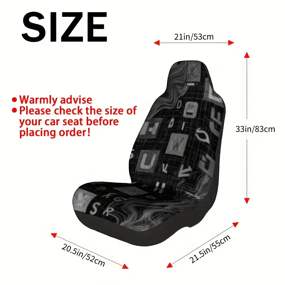 2pcs Monochrome Alphabet Collage Car Seat Covers - Modern Minimalist Design With & Lettering, Washable Fabric, Fit For All Vehic