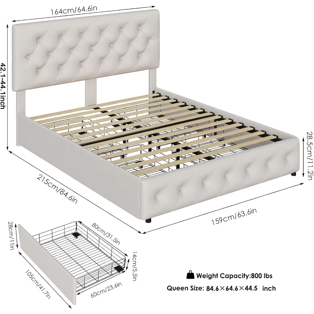 Estrutura de cama queen com 4 gavetas de armazenamento e cabeceira ajustável, cama de plataforma estofada com design capitoné de botão, creme