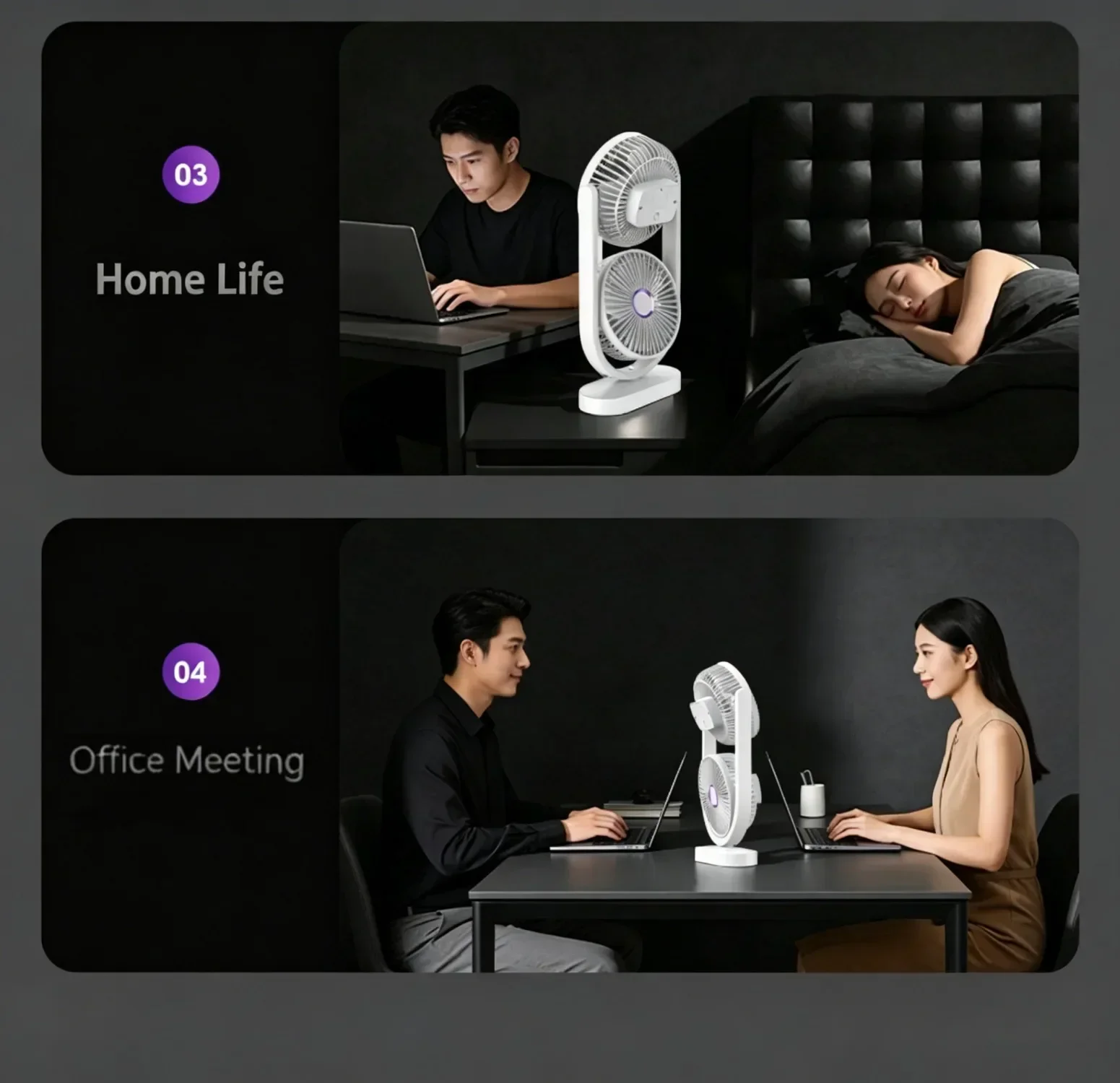 Dual-Head-Schreibtischventilator mit unabhängiger Steuerung, USB wiederaufladbar, 3 Geschwindigkeitsstufen, 360° verstellbar ° Geräuscharmer Twin-Turbo-Lüfter für Büro und Zuhause – Detail 6