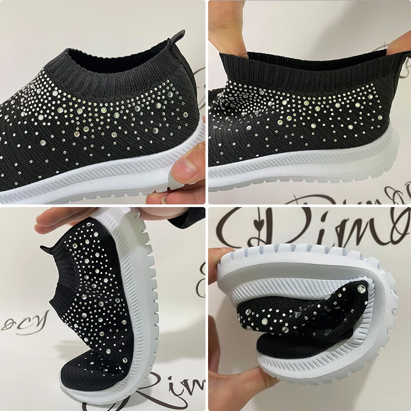 Breathable Mesh Crystal Sneaker Shoes for Women 2022 Summer Knitted Platform Sneakers Woman Plus Size Comfortable Soft Flats