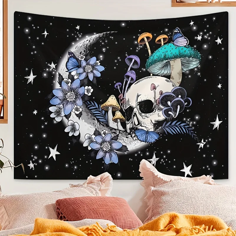 Psychedelic Skull Mushroom Floral Tapestry Gothic Bohemian Cosmic Wall Hanging Decor Witchy Night Sky Art Boho Decor