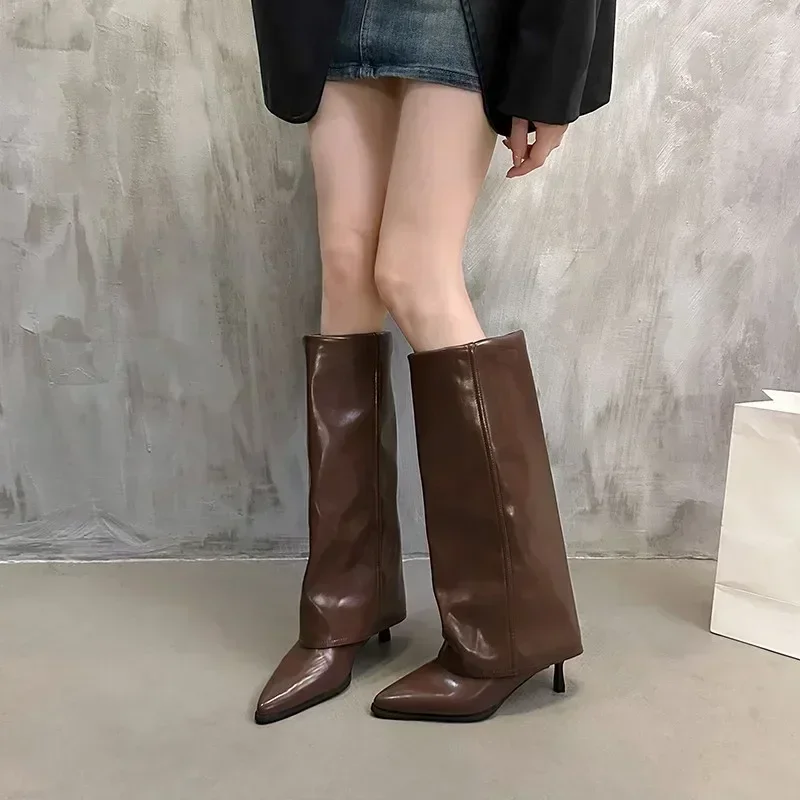 Botas femininas de bico fino até o joelho, salto stiletto, salto alto, sexy, moda primavera e outono, novo estilo, 2024