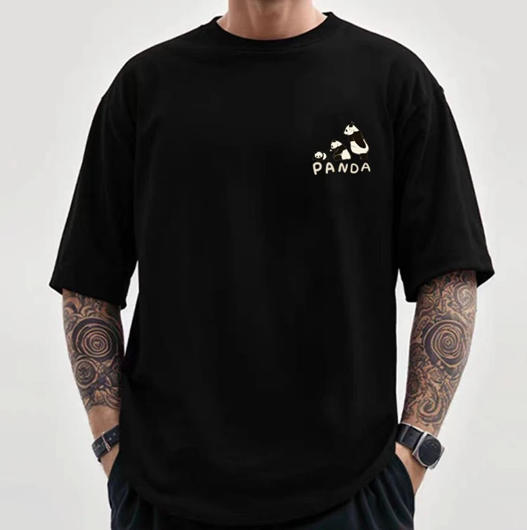 

Motorcycle Three Red Panda Print Short Sleeve Men's High-End 2025 Summer Niche Pure Cotton Loose Style