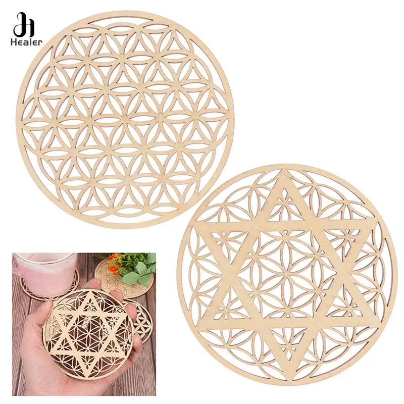 1PC Chakra Flower of life Natural Symbol Wood Round Edge Circles Carved Coaster For Stone Crystal Set DIY Decor Mats Pads