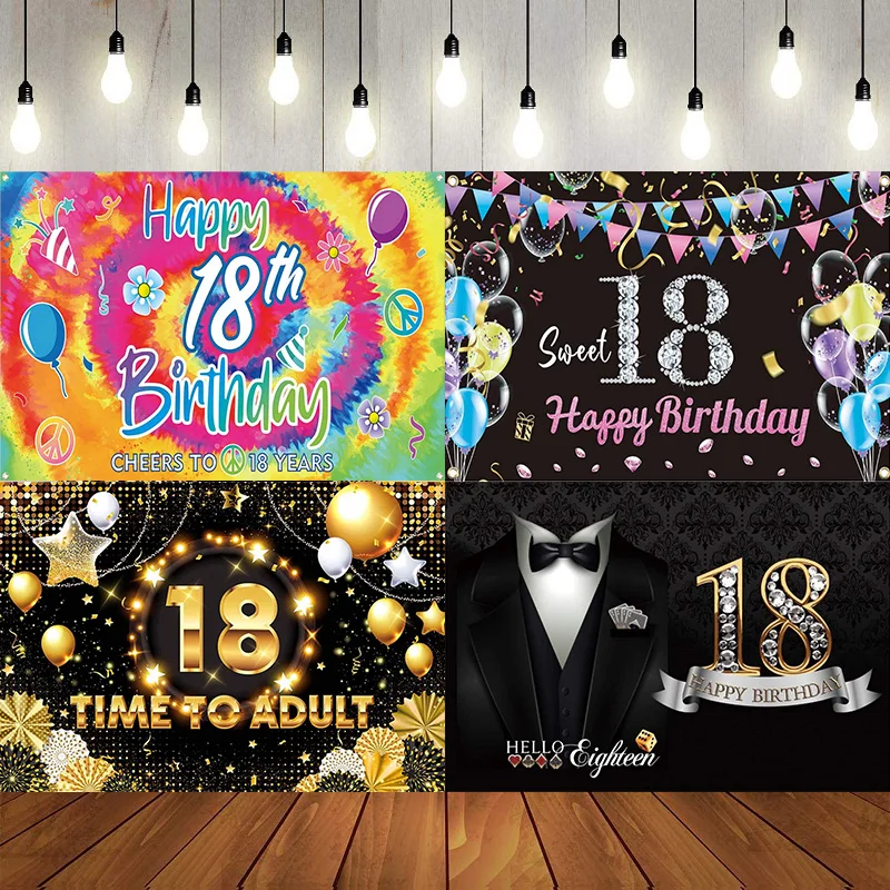 Happy 18th Birthday Photography Backdrop Glitter Black Gold Theme Background Banner Poster Decoration Party Princess Prince