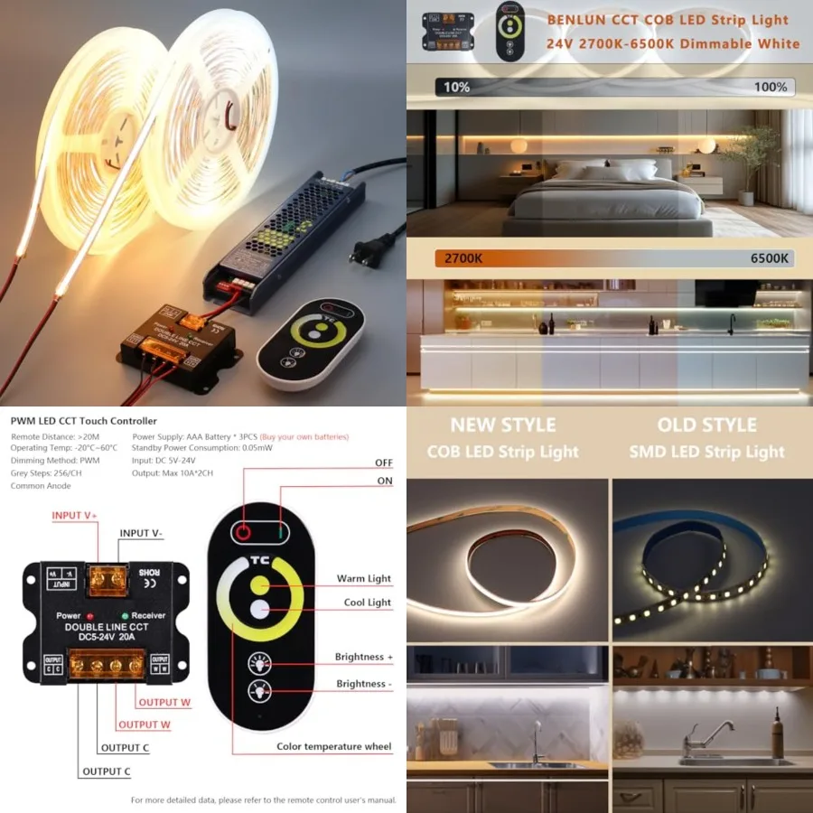 

24V CCT COB LED Strip Lights Kit 65.6ft 2 Rolls of 32.8ft,2700K-6500K Dimmable White Cuttable LED Tape Light CRI 93 with Remote