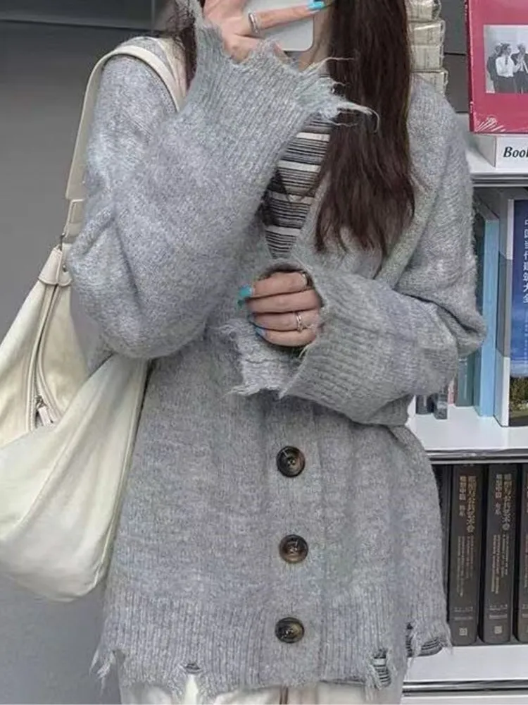 

Spring Autumn Lazy Oaf Knitted Cardigan Sweater Women Korean Long Sleeve Loose Ladies Coats Tops Sweaters Blusa De Frio Feminina