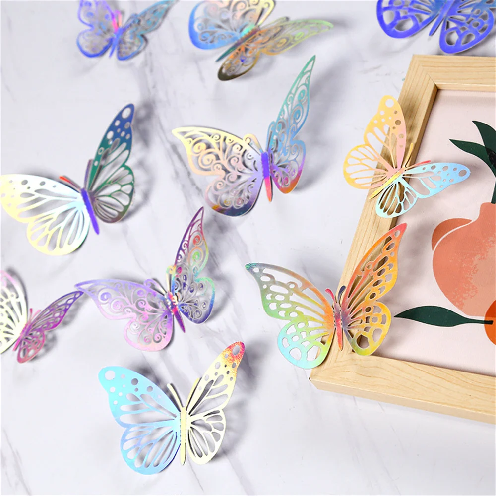 12 Pieces 3D Hollow Butterfly Wall Sticker Bedroom Living Room Home Decoration Paper Butterfly