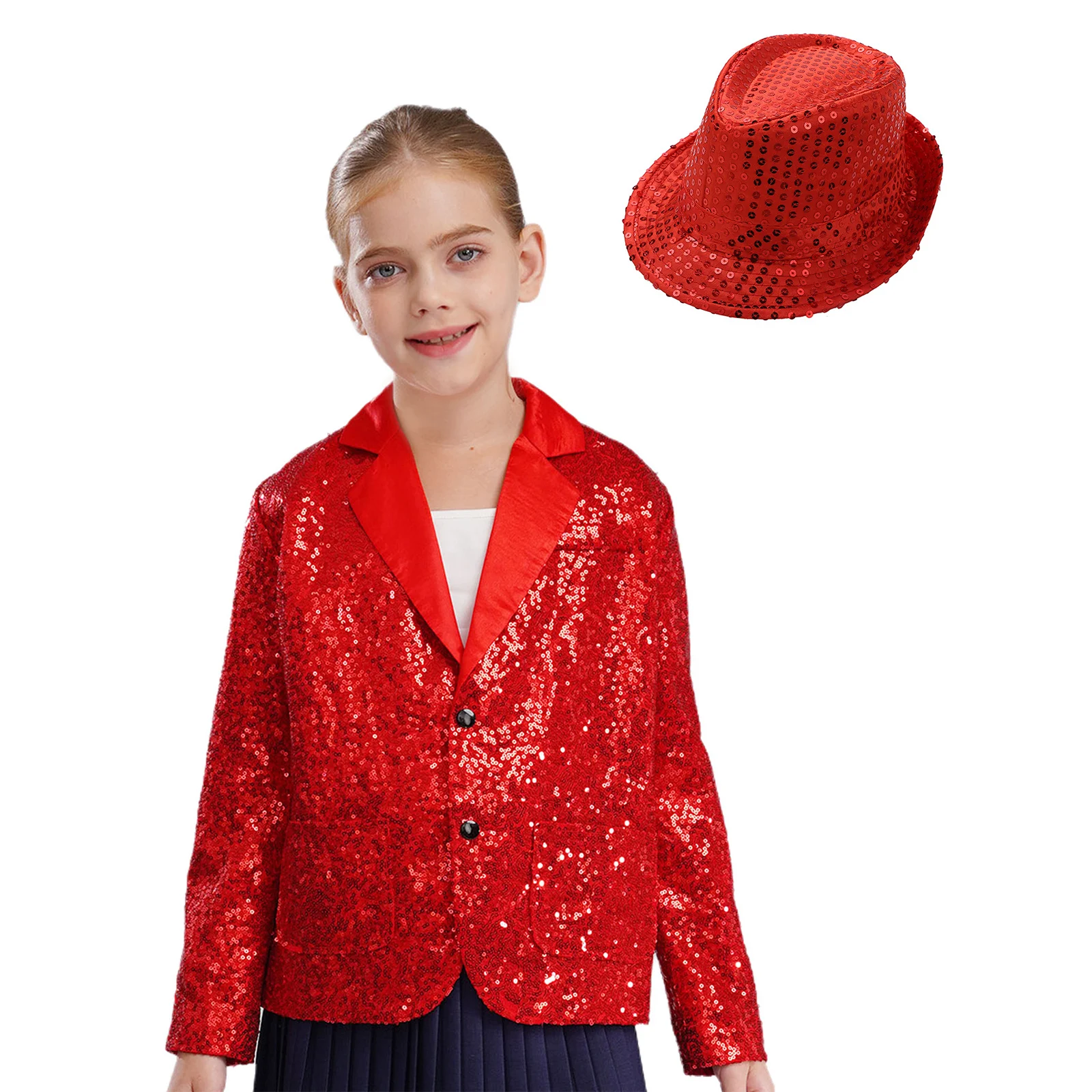 

Kids Boys Girls Sequin Blazer Jacket with Hat Classic Long Sleeve Suit Top Coat for Party Wedding Magic Performance Costume
